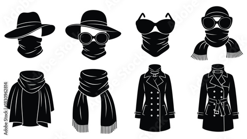 Collection of black flat vector silhouettes depicting various mysterious disguises including hats, sunglasses, scarves,, isolated on white background