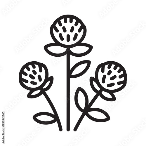 Simple black and white line drawing of three clover flowers