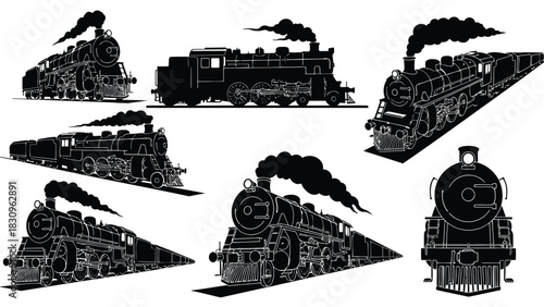 Detailed flat vector illustration of classic steam locomotives in various perspectives, black silhouettes with white, isolated on white background
