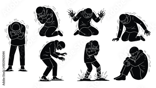 Flat vector illustration of a person shivering from extreme cold, hugging themselves, with ice forming, depicting, isolated on white background