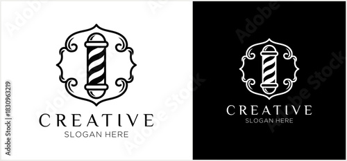 Elegant barber pole logo design with ornate frame and placeholder text, presented in both black and white versions.