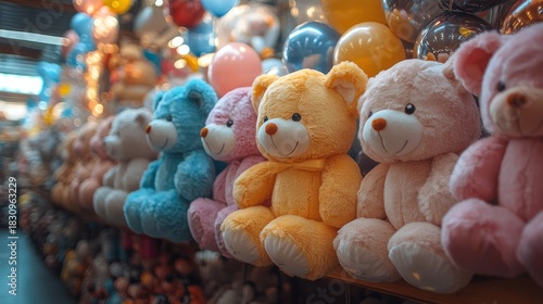 A colorful array of pastel teddy bears delights visitors in a lively toy store, sparking smiles and nostalgia