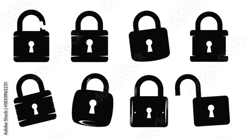 Set of eight black flat vector padlock icons, featuring various closed and open designs, symbolizing digital security, isolated on white background