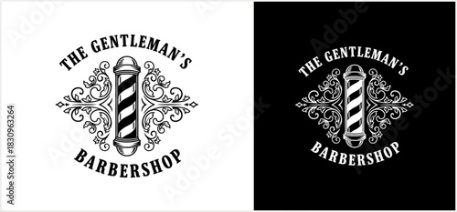 Barber shop logo design with a classic barber pole and ornate flourishes, in black and white.