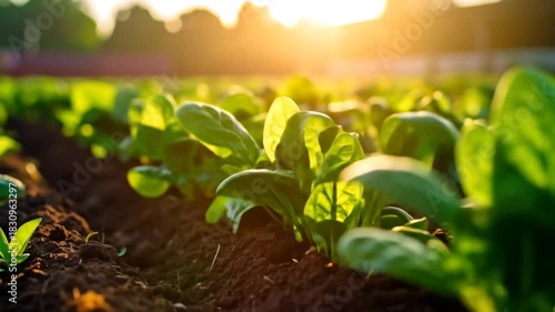 Spinach plants growing in sunny farm.