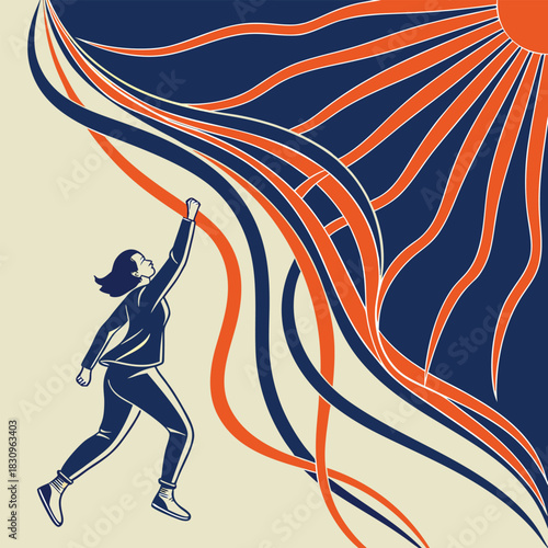 Abstract flowing lines, vibrant blues, oranges create dynamic energy. Light radiates from central point, dark background enhances contrast.