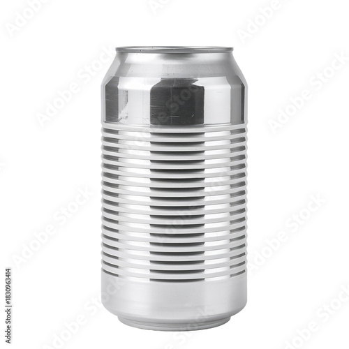 Metal Can With Ribbed Design Standing Upright on a White Background During Da...