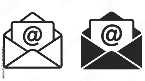 Email icon set, modern vector envelopes with protruding notes and @ symbol, featuring both outline and solid black styles, ideal for messaging apps,  design, digital communication, web interfaces