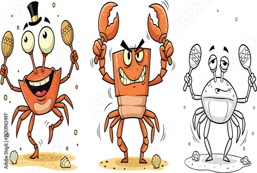 Funny dancing crabs playing maracas on beach, cartoon crustacean characters performing music, cheerful sea animals in lively tropical illustration