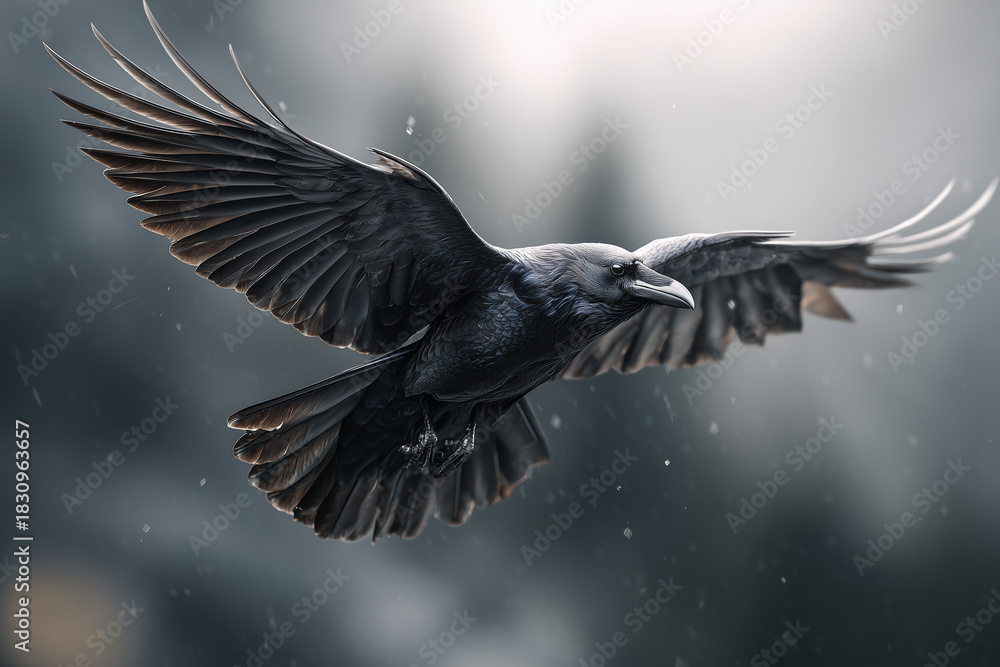 Fototapeta premium Dramatischer fliegender Rabe im Sturm – Wildlife, Natur, Dynamik