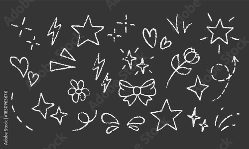 Outline crayon doodle elements hand drawn with black pencil.