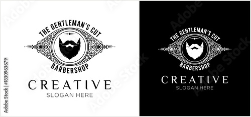 A vintage-style barbershop logo template featuring a classic barber pole inside an ornate shield, presented in black and white variations.