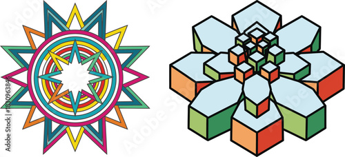 Abstract geometric composition featuring bold lines shapes and a vibrant color palette including red green blue yellow cyan and magenta suitable for modern graphic design projects