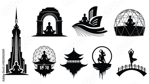 Flat vector illustrations of meditating figures in yoga poses integrated with architecture and nature, symbolizing, isolated on white background