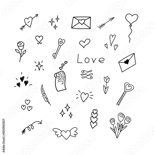 Love Doodle Set With Hearts Envelopes Flowers Stars and Romantic Icons