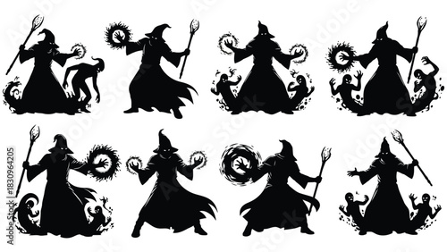 Dark wizard silhouette in pointed hat and flowing robes casting powerful spells, summoning shadowy spirits with, isolated on white background