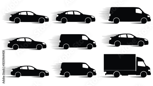 Black silhouette vehicles with speed lines, including sedans, vans, and a truck, symbolizing fast transportation and, isolated on white background