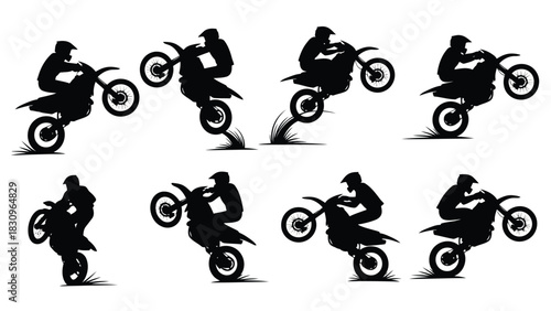 Dynamic flat vector silhouettes of motocross riders performing wheelies and jumps on dirt bikes, showcasing extreme off, isolated on white background