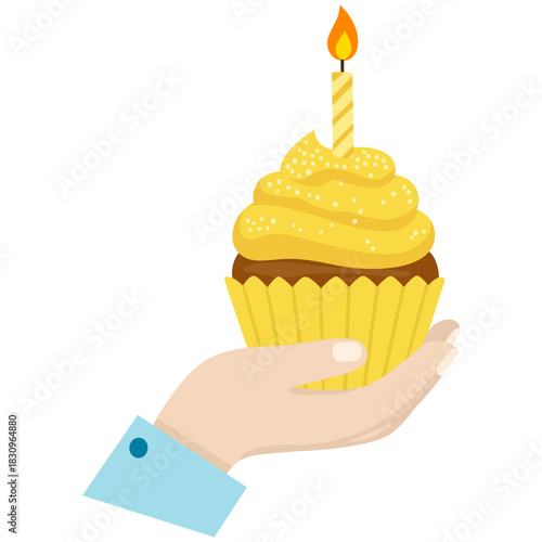 Birthday muffin with candle on hand. Cupcake vector illustration on white background. Homemade baking. Happy Birthday greeting card design element.