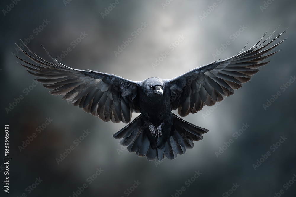 Naklejka premium Schwarze Krähe im Flug – Dramatische Fantasy-Szene