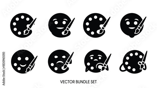 Flat vector illustration bundle of painter's palettes with paintbrushes, showing happy, sad, and neutral emoji like, isolated on white background