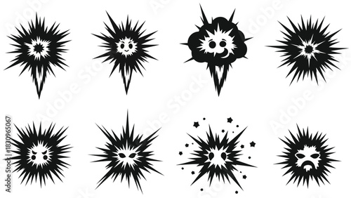 Flat vector illustration of eight black and white radial burst shapes, some with cartoon faces showing happy, sad,, isolated on white background