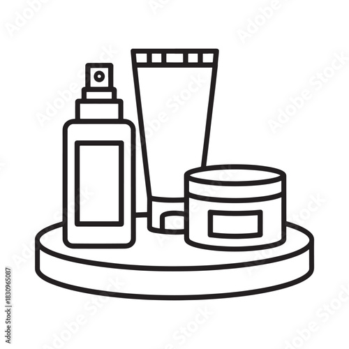 Line art illustration of skincare products on a circular display