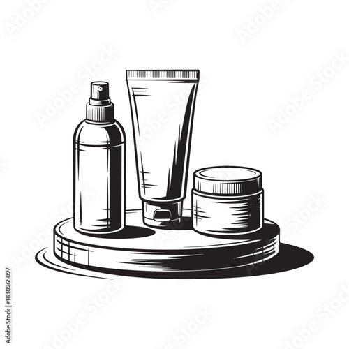 Hand drawn sketch of skincare products on a pedestal