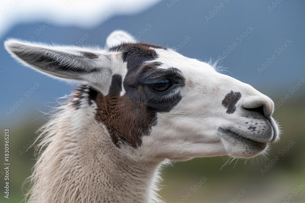 Naklejka premium Close up side profile of a beautiful spotted llama head.