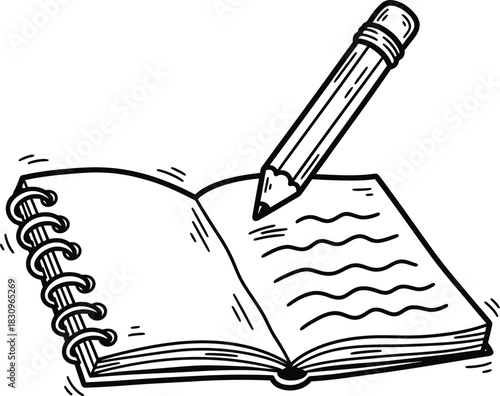 Pencil writing in a notebook with spiral binding sketch