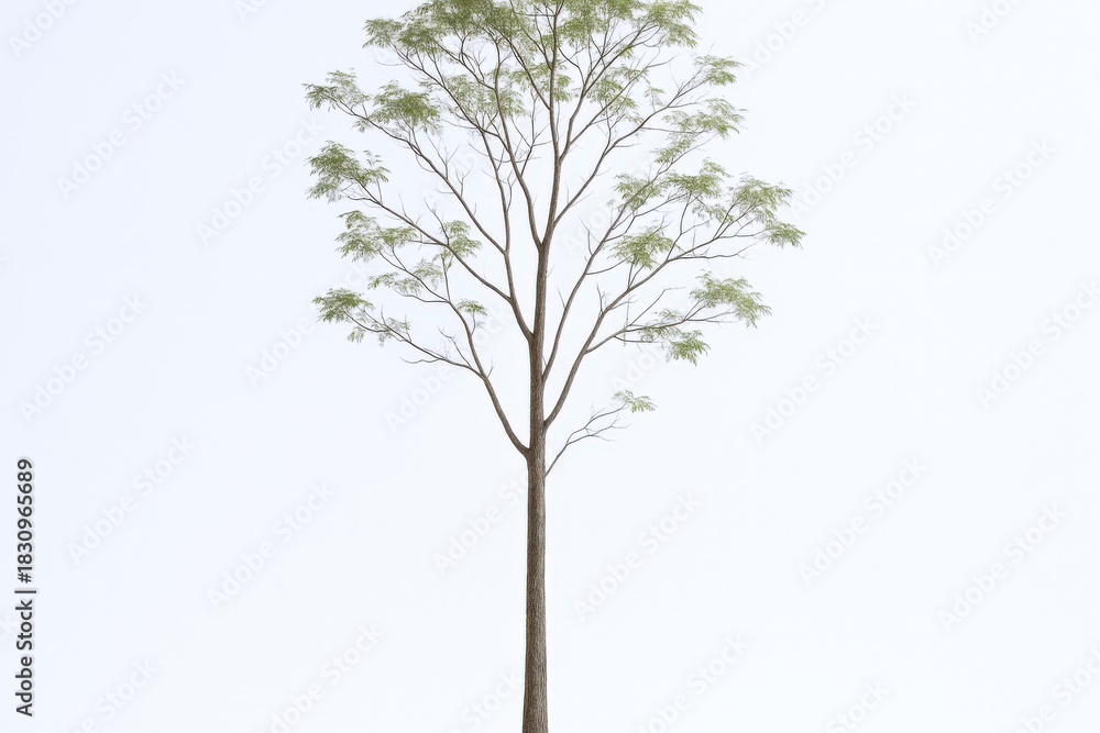 Fototapeta premium Isolated Tree with Delicate Green Leaves and Slender Trunk on White Background for Architectural Visualization