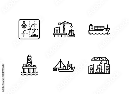 Marine Chart Port Cargo Ship Oil Rig Fishing Boat Marine Dockyard Icons