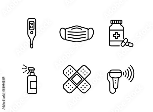 Medical Thermometer Surgical Mask Antibiotic Antiseptic Medical Bandage Icon Set