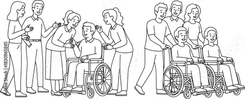 People supporting friends in wheelchairs line art style