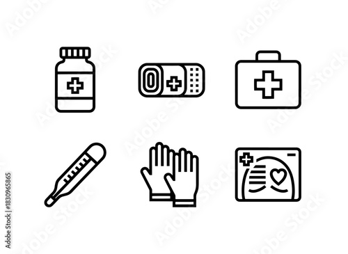 Medicine Bandage First Aid Kit Thermometer Medical Gloves X Ray Icon Set