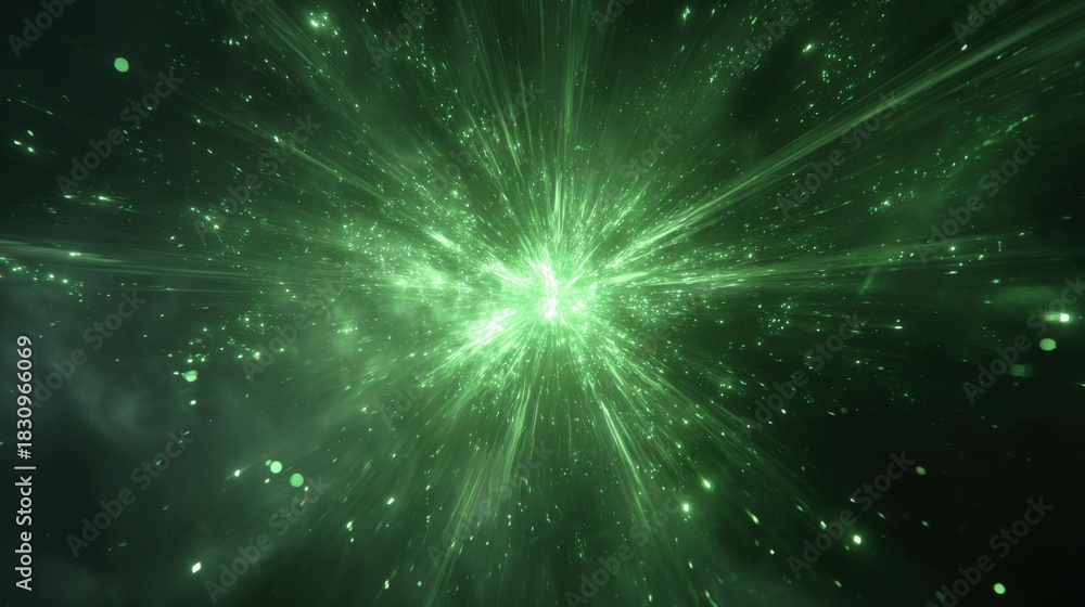 Fototapeta premium Abstract Green Explosion of Light and Energy Background, Particle Burst, Cosmic Ray Illustration