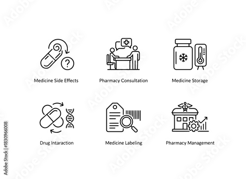 Medicine Side Effects Pharmacy Consultation Medicine Storage Drug Interaction Icon Set