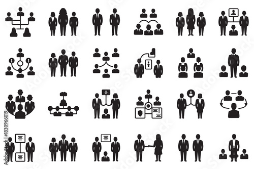 Teamwork and organizational structure silhouette icon collection, Perfect for HR presentations, workflow designs, management visuals and organizational graphics.