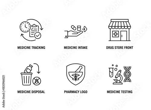 Medicine Tracking Medicine Intake Drug Store Front Medicine Disposal Icon Set