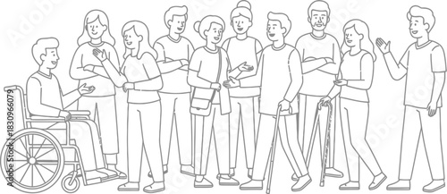 Diverse group of people in line art style illustration