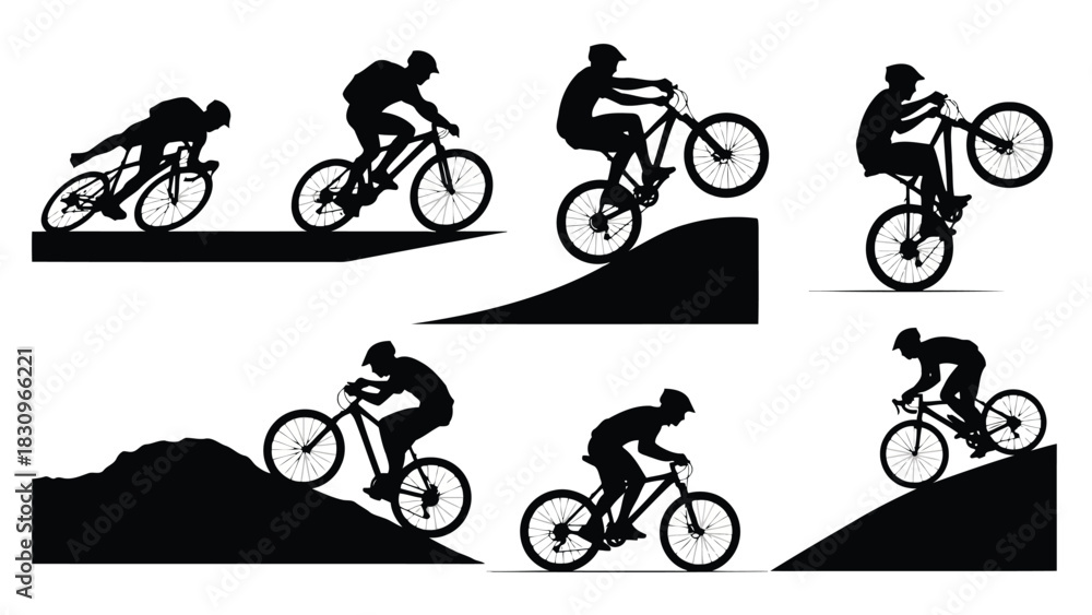 Obraz premium Dynamic flat vector illustration of male mountain bikers performing various extreme cycling stunts, jumps, and, isolated on white background
