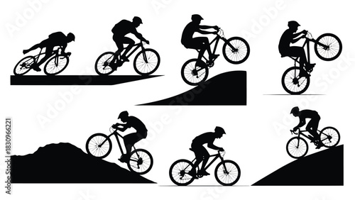 Dynamic flat vector illustration of male mountain bikers performing various extreme cycling stunts, jumps, and, isolated on white background