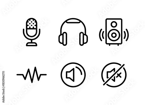 Microphone Headphones Speaker Audio Wave Volume Control Mute Minimal Bold Icon Set