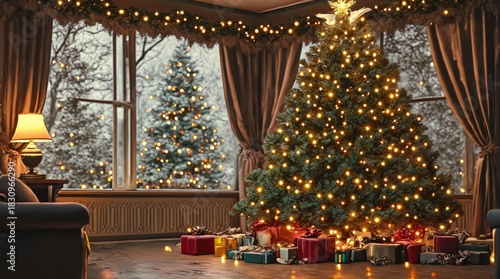 Wallpaper Mural A warmly lit Christmas tree (covered in fairy lights, surrounded by gifts) sits in a cozy room. Torontodigital.ca