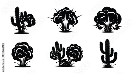 Set of stylized black flat vector illustrations showcasing dynamic explosion clouds, powerful smoke bursts, and rugged, isolated on white background
