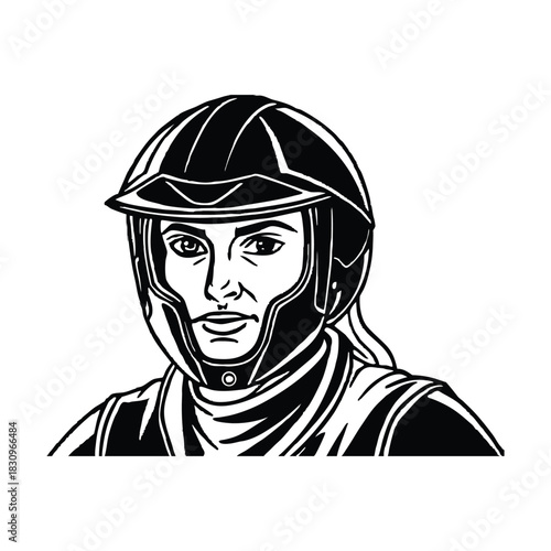 Fictional rider wearing protective helmet
