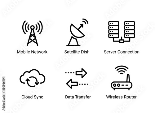 Mobile Network Satellite Dish Server Connection Cloud Sync Data Transfer Icon Set