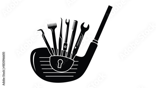 Flat vector illustration of a black golf club head holding diverse locksmith tools and mechanic wrenches, featuring a, isolated on white background