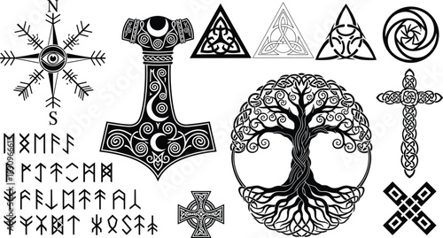 Norse and Celtic symbol collection, rune mythology vector art, cad drawing flat vector illustration, black graphic design artwork
