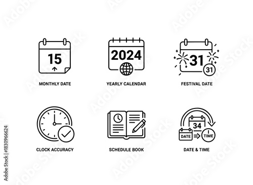 Monthly Date Yearly Calendar Festival Date Clock Accuracy Schedule Book Icon Set